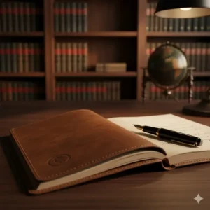 An executive-style, masculine leather-bound notebook and fountain pen, essential high-end writing tools.