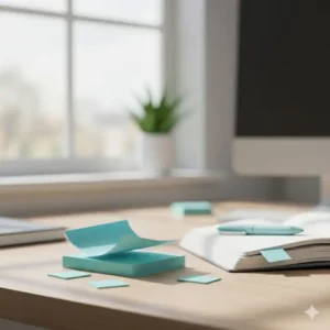 A stack of teal blue sticky notes and flags, essential blue office supplies for quick reminders and page marking.