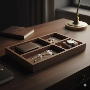 Walnut wood valet tray and catch-all organizer used to neatly store keys and a watch, a functional element of upscale desk accessories.