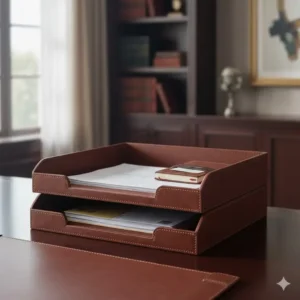 A pair of stackable, matching leather letter trays, neatly organizing documents and part of the complete luxury desk accessories set.