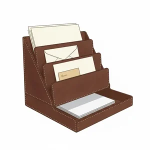A multi-tiered office leather letter rack and paper tray in a deep, textured leather finish, helping to keep important documents neatly organized.