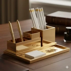 A polished brass desk organizer holding small stationery like clips and sticky notes in a tiered design, a key piece of luxury desk items.