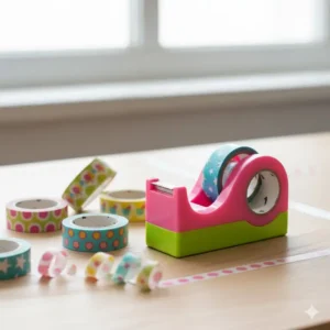 Rolls of decorative washi tape and a matching colorful tape dispenser used for crafting and decorating desk materials as part of colorful desk supplies.