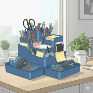 The practical blue desk organizer helping to tidy a contemporary home office environment.