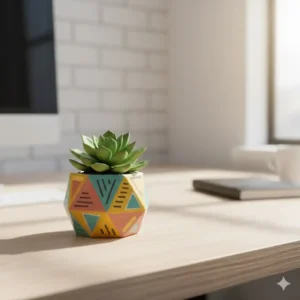 A small, colorful geometric ceramic planter holding a succulent, acting as a decorative and lively office accessory on a wooden desk.