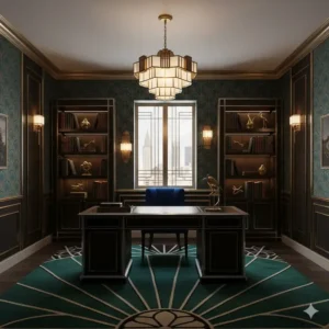 Inspiration for art deco luxury office decor design, featuring geometric patterns and deep jewel tones.