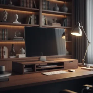 A solid, dark masculine walnut monitor stand to elevate the screen and provide storage space for a refined and ergonomic workspace.