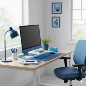 A complete, minimalist blue desk setup featuring matching blue office supplies and accessories.