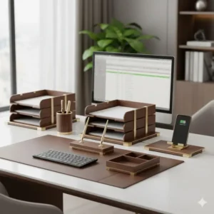 A professional home office setup featuring a well-utilized luxury desk organizer, keeping the space functional and clutter-free.