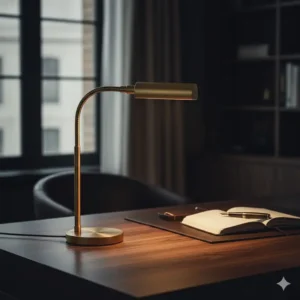 Modern brass gooseneck desk lamp providing focused light on the workspace alongside other premium upscale desk accessories.