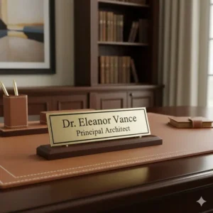 A personalized brass desk name plate with an engraved title, often bundled with a high-end luxury desk accessories set.