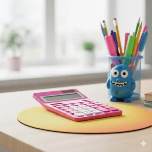 A simple, bright pink calculator resting next to other colorful desk supplies like a mousepad and pencil holder on a student's desk.
