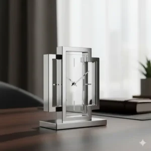 Modern, sculptural chrome and glass desk clock serving as a beautiful piece of decor, one of the finest luxury desk items.