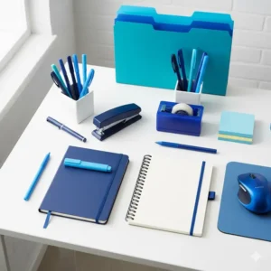 Durable blue plastic storage bins arranged on shelves, great for organizing bulk blue office supplies.