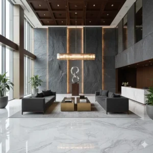 Grand corporate office lobby design with stone finishes and bespoke furniture, setting a tone of luxury office decor and professionalism.