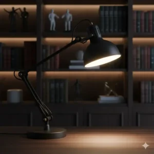 An industrial-style, matte black masculine desk lamp with a jointed arm, providing bright, focused light for the office.