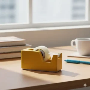 A minimalist, modern tape dispenser in a solid mustard yellow color, one of many practical and colorful office accessories available.