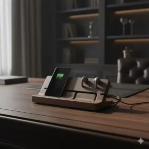 Stylish walnut wood charging dock and smartphone stand is a must-have for modern upscale desk accessories and tech organization.