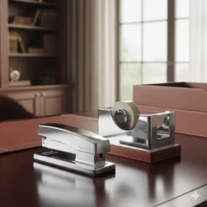 A sleek, chrome-plated, and modern desk stapler and tape dispenser, illustrating the functional items available in a premium luxury desk accessories set.