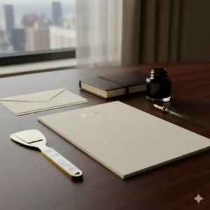 Luxury stationery set including a monogrammed notepad and a polished metal envelope opener, perfect luxury desk items for executives.