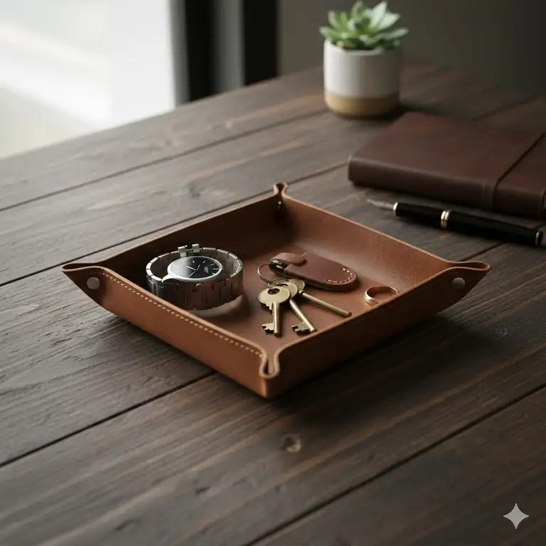 A premium brown mens leather catchall tray holding a watch and keys on a wooden desk.