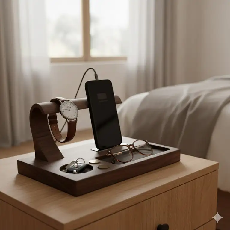 A handcrafted wooden bedside valet holding a watch, smartphone, and glasses on a nightstand.