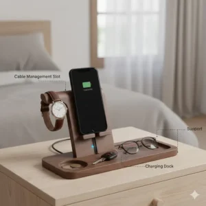 Illustration of a bedside valet with a built-in cable slot for phone charging.