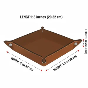Technical drawing showing the exact dimensions and size of a mens leather catchall tray.