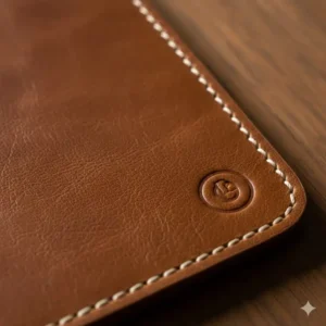 Illustration 1: Close-up detail of the high-quality stitching and texture of a full-grain leather charging pad.