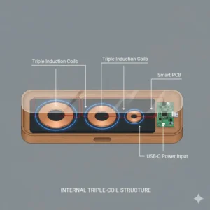 Technical diagram showing the internal multi-coil structure of a high-speed wireless charging tray.