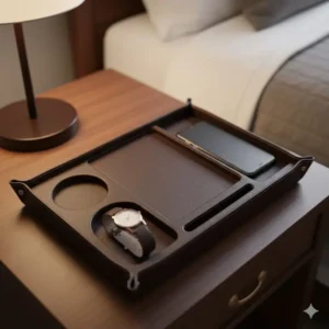 Close-up top view of a dark leather nightstand valet tray with designated compartments for accessories.