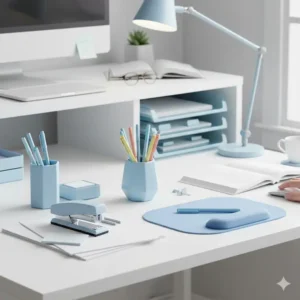 Close-up of a modern light blue desk organizer with multiple compartments for storing pens, clips, and small office supplies.