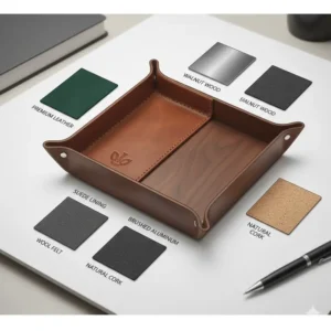 Detailed illustration showing the different premium wood and leather options available for a mens catch all organizer.