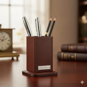 Close-up of a high-quality, leather pen and pencil holder, a sophisticated item among luxury desk accessories for men.