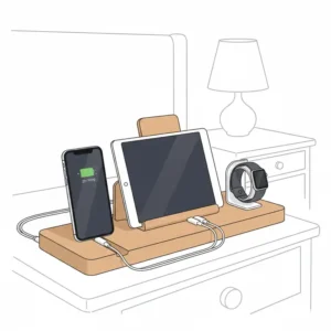 Multi-device organizer showing how charging stations for nightstands hold smartphones and tablets.