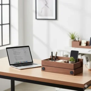 Top-down view showcasing the multiple divided walnut desk organizer compartments, designed to maximize storage for small office supplies.