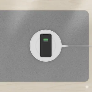 Illustration 1: A clean digital illustration of a circular wireless charging pad as a phone charger desk accessory on a grey mat.