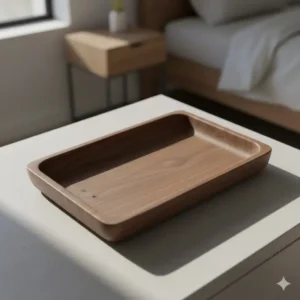 Close-up of an empty, high-quality wooden catch all tray man can use to organize his daily items.