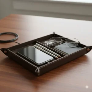 Close-up of the mens catch all tray acting as a stylish desk organizer, showcasing a phone charging in the compartment and pens neatly arranged.
