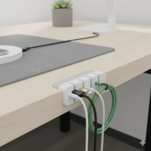 Illustration 2: An illustration showing effective cable management clips for a phone charger desk to keep cords organized.