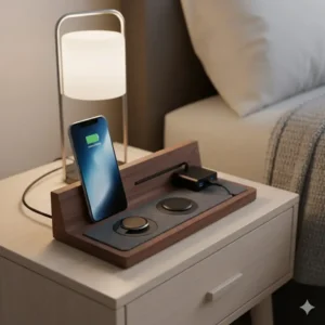 A nightstand valet showing a smart integrated slot for a phone charging cable and power cord management.