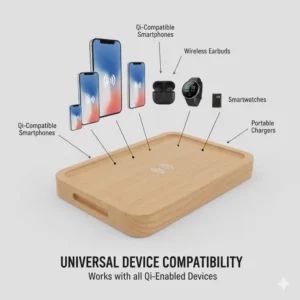 Compatibility infographic showing various smartphones and accessories supported by the wireless charging tray.