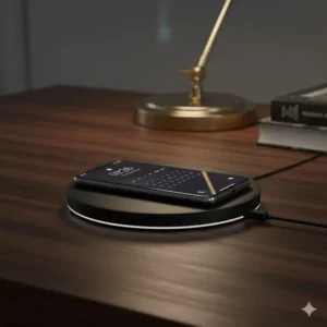 A minimalist, matte black wireless phone charger resting on an executive desk, a modern and functional piece of luxury desk accessories for men.
