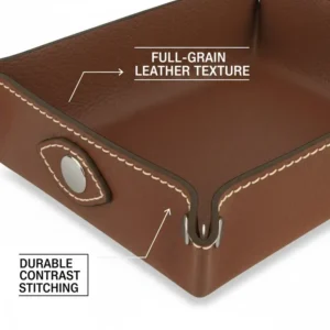 Close-up view highlighting the high-quality stitching and grain of this mens leather catchall tray