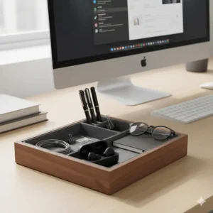 Illustration of a modern office desk setup with a mens catch all organizer neatly holding pens, charging cables, and small supplies.