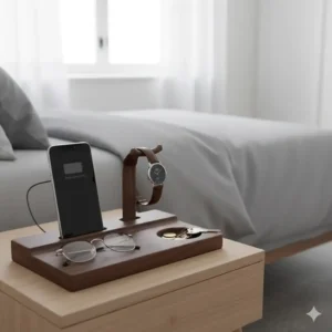 Minimalist bedside valet tray styled with everyday carry items on a bedroom table.