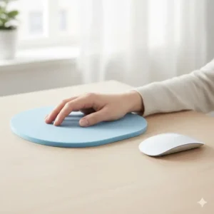 Ergonomic, oval-shaped pastel blue mouse pad resting next to a white wireless mouse, providing comfortable wrist support.