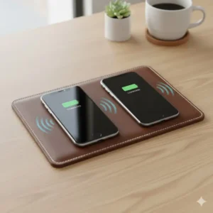 Illustration 2: A leather charging pad showing universal compatibility with various smartphone models and brands.