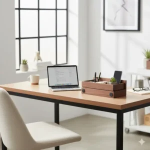 Close-up shot emphasizing the rich, dark walnut desk organizer wood grain and the smooth finish of the desktop accessory.