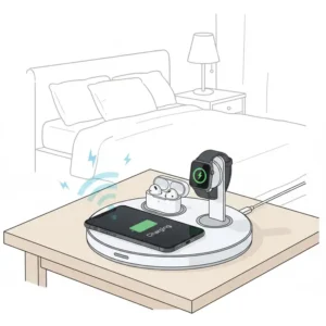 A 3-in-1 sleek design of wireless charging stations for nightstands for cable-free power.